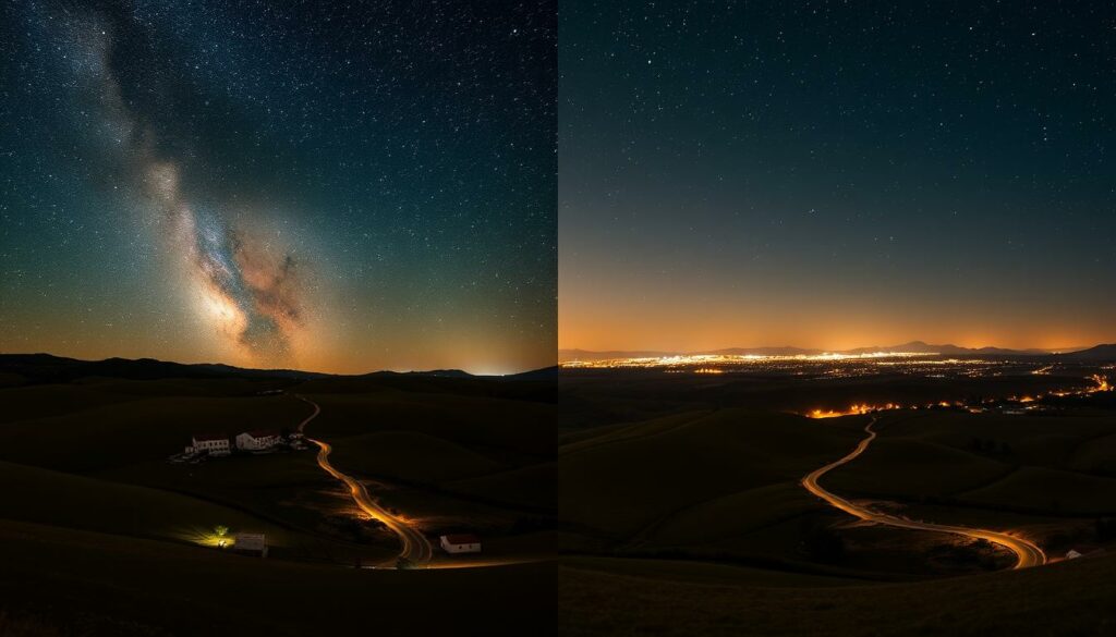 Vast, starry night sky over a rural landscape in the Alentejo region, Portugal. A side-by-side comparison of the same scene, one with minimal light pollution and another with significant urban glow in the distance. In the pristine view, the Milky Way stretches across the heavens in a breathtaking display, while the polluted scene is washed out, obscuring the celestial wonders. The foreground features gently rolling hills dotted with traditional white-washed buildings, olive groves, and winding roads. Soft, warm lighting illuminates the pastoral setting, creating a sense of tranquility. The middle ground gradually transitions from the unobstructed starscape to the hazy, orange-tinged urban glow on the horizon, emphasizing the dramatic contrast. Crisp, high-resolution detail showcases the clarity of the unpolluted night sky.