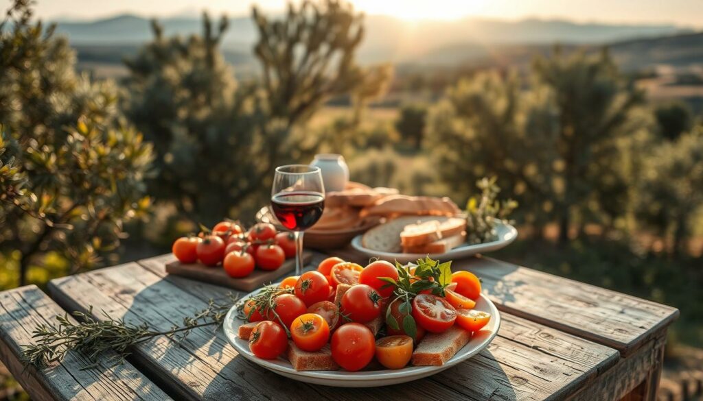 Vibrant culinary delights in the serene Alentejo countryside. Rustic Portuguese dishes adorn a weathered wooden table, surrounded by lush olive groves and rolling hills. Soft afternoon sunlight filters through the scene, casting a warm, inviting glow. In the foreground, a platter overflows with locally sourced ingredients - juicy tomatoes, crusty bread, and fragrant herbs. The middle ground reveals a glass of rich, ruby-red wine, complementing the flavors. Distant mountains frame the tranquil setting, hinting at the unhurried pace of life in this picturesque region. An atmosphere of simple pleasures and soulful nourishment pervades the image.
