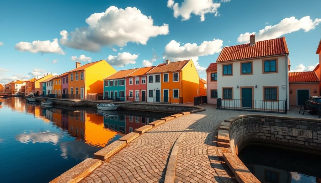 Vibrant, pastel-hued houses lining the serene canals of Costa Nova, Portugal. Charming, two-story structures with tiled roofs and distinct, geometric patterns reflect in the still, azure waters. Sunlight dances across the facades, casting warm, golden tones that illuminate the picturesque scene. In the foreground, cobblestone paths wind between the colorful buildings, inviting the viewer to explore this quaint, coastal village. The middle ground features a few small boats moored along the canals, while the background reveals the azure sky dotted with fluffy, white clouds. An atmosphere of tranquility and rustic elegance pervades the image, capturing the essence of Aveiro's charming architecture and serene waterways.