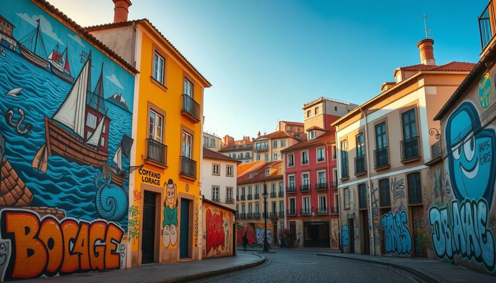 Vibrant street art adorns the historic buildings of Setúbal, a coastal city in Portugal. In the foreground, bold murals depict local maritime culture and the city's literary legacy, honoring the renowned poet Bocage. The middle ground showcases colorful graffiti tags and stylized characters, while the background features a blend of traditional architecture and modern structures. Warm, golden light filters through the streets, creating a lively, energetic atmosphere that celebrates Setúbal's thriving arts scene. The composition captures the dynamic interplay of the city's rich cultural heritage and its contemporary artistic expression.