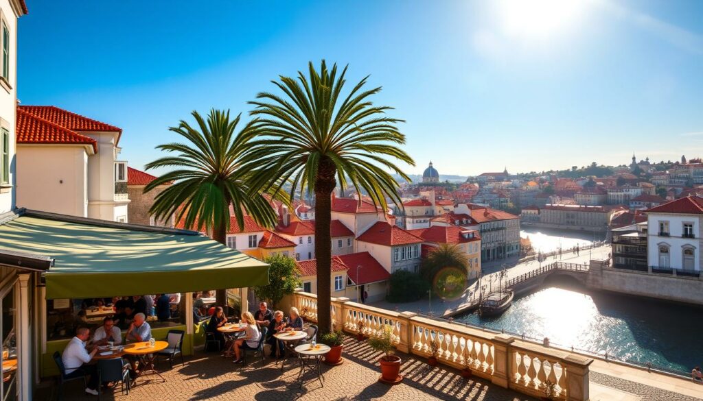 Vibrant sunshine bathes the historic streets of Lisbon in a warm glow, casting long shadows on the cobblestones as a gentle breeze rustles the leaves of towering palm trees. In the foreground, a quaint outdoor café bustles with locals and tourists alike, sipping aromatic coffee and savoring delectable pastries. The middle ground features the iconic red-tiled roofs and whitewashed buildings of the Alfama district, their charming character accentuated by the rich, golden hues of the late-autumn light. In the distance, the Tagus River sparkles under the clear November sky, its tranquil waters reflecting the city's timeless beauty. An idyllic scene that captures the essence of Lisbon's sunny, temperate climate during this beguiling time of year.