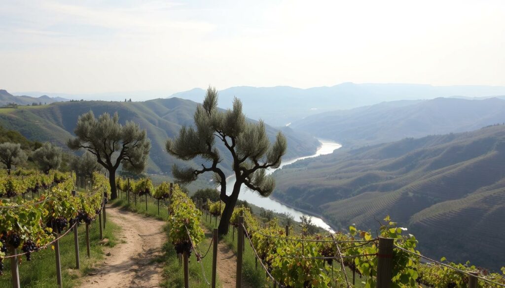 Wanderungen Douro Valley: A serene landscape unfolds, with the winding Douro River cutting through lush, rolling hills. In the foreground, a rustic hiking trail meanders through a picturesque vineyard, the vines heavy with ripe grapes. Tall, gnarled olive trees dot the middle ground, their silvery-green leaves catching the warm, golden light. In the distance, the valley opens up, revealing the characteristic terraced vineyards that cascade down the slopes, a testament to the region's rich winemaking heritage. The sky above is a soft, hazy blue, with wispy clouds drifting lazily overhead, adding to the tranquil, contemplative atmosphere. This is a scene of natural beauty, inviting the viewer to explore the stunning Douro Valley on foot, immersed in the sights, sounds, and aromas of this enchanting Portuguese landscape.