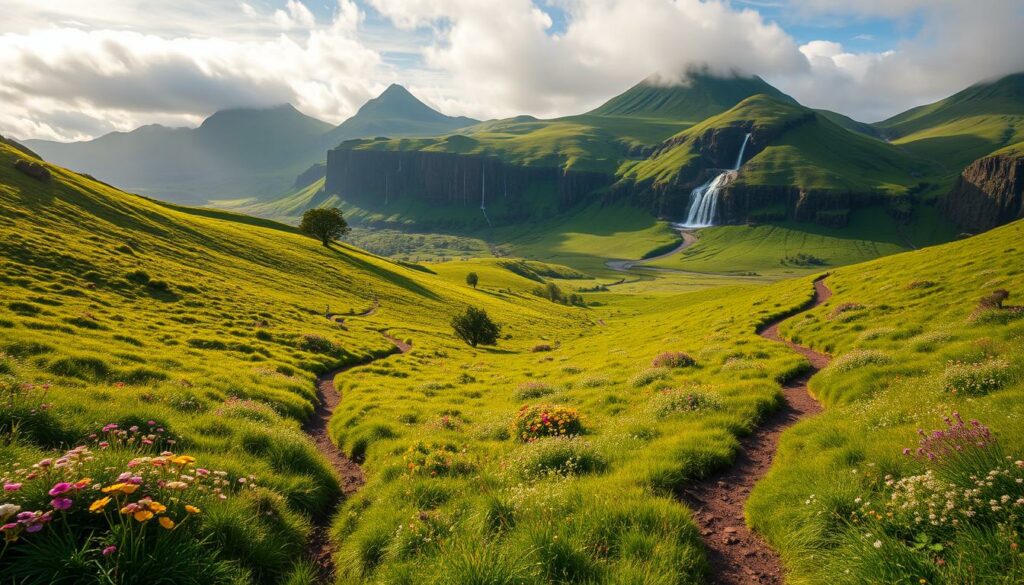 Wanderwege auf den Azoren: A lush, verdant landscape of rolling hills, winding trails, and towering volcanic peaks. In the foreground, a narrow, meandering path weaves through a patchwork of vibrant green meadows, dotted with wildflowers in a spectrum of colors. Towering basalt cliffs rise up in the middle ground, their rugged faces softened by cascading waterfalls and clusters of ancient, twisted trees. In the distance, the misty silhouettes of volcanic cones pierce the horizon, their slopes cloaked in a verdant mantle of vegetation. Warm, diffused sunlight filters through wispy clouds, casting a gentle, golden glow over the scene. The overall atmosphere is one of tranquility, adventure, and the boundless beauty of nature.
