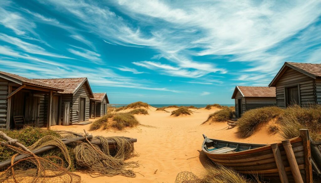 Weathered wooden fishermen's huts nestled along the golden sands of Praia do Barril, their weathered facades reflecting the storied history of this enchanting coastal haven. In the foreground, fishing nets and wooden boats hint at the livelihoods that once thrived here, while in the middle ground, dunes and scrubby vegetation frame the scene. The azure sky overhead is peppered with wispy clouds, casting a soft, natural light across the tranquil landscape. The overall mood is one of timeless nostalgia, a glimpse into the captivating heritage that has shaped this remarkable stretch of the Algarve coastline.