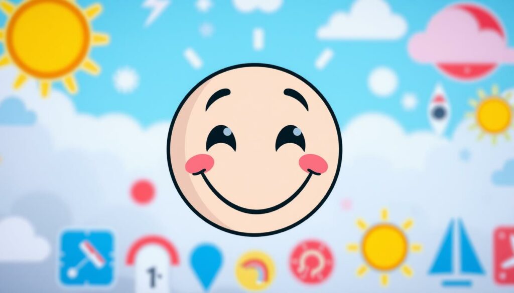 Whimsical weather data visualization featuring a cheerful, cartoon-style smiley face against a backdrop of colorful meteorological symbols and icons. The smiley's expression conveys a lighthearted, good-natured attitude, inviting the viewer to engage with the weather information in a playful, approachable manner. The foreground smiley is rendered in a bold, simplified style, complemented by a middle ground of stylized weather symbols and icons in a vibrant color palette. The background features subtler, abstract weather patterns and gradients, creating a dynamic, visually engaging composition. The overall mood is upbeat, friendly, and designed to make weather data feel more accessible and enjoyable.