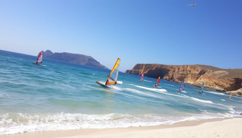 Windsurfers gliding across the azure waters of Lagos, Portugal, their colorful sails billowing in the steady Atlantic breeze. The sun casts a warm glow over the pristine white sand of Meia Praia beach, where beachgoers bask in the tranquility. In the distance, the rugged cliffs of the Algarve coastline rise majestically, creating a picturesque backdrop for this active seaside scene. The camera captures the action from a low angle, emphasizing the dynamic motion of the surfers as they carve through the waves, showcasing the exhilarating beach activities and experiences that await visitors to this idyllic coastal destination.