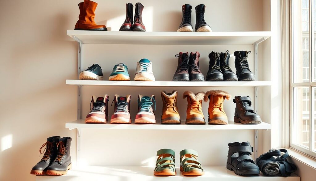 A bright, airy studio setting with four shelves displaying an assortment of seasonal footwear. On the top shelf, sleek leather boots in rich autumnal hues. Below, a row of lightweight sneakers in vibrant spring shades. On the third shelf, cozy winter boots with plush linings. The bottom shelf showcases sturdy, water-resistant sandals for summer. Diffused natural lighting from a large window casts a warm, inviting glow. The arrangement conveys a sense of preparedness and organization, reflecting the idea of being equipped for the changing weather throughout the year.