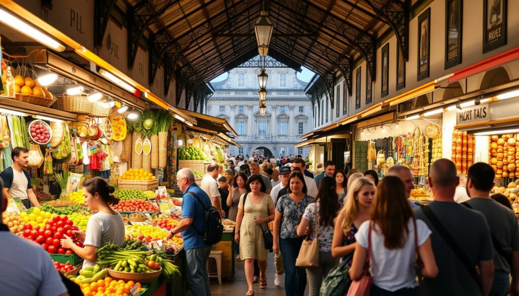 A bustling Portuguese market scene, with vibrant stalls displaying an array of fresh produce, local handicrafts, and traditional wares. In the foreground, vendors enthusiastically engage with customers, haggling and showcasing their wares under the warm glow of natural light filtering through the market's canopy. The middle ground is a lively mix of shoppers, locals, and curious tourists navigating the maze of stalls, their faces animated with the thrill of discovery. In the background, the architecture of the surrounding buildings provides a picturesque backdrop, hinting at the historical significance of this everyday marketplace. The overall atmosphere exudes a sense of community, culture, and the rhythms of daily life in Portugal.