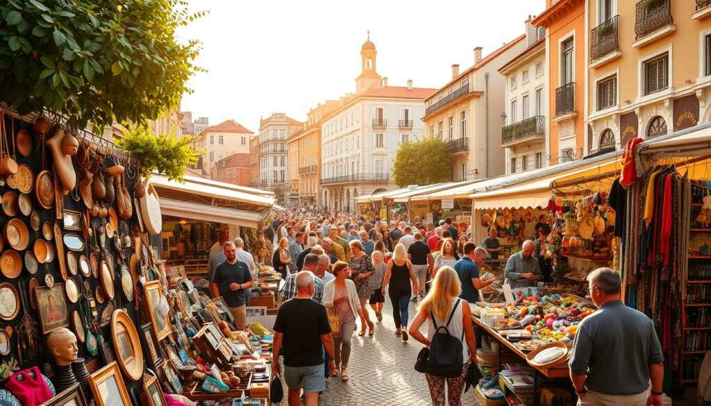 A bustling open-air market in Lisbon, the Feira da Ladra, showcases a vibrant array of goods. In the foreground, vendors display an eclectic mix of antiques, vintage clothing, handcrafted trinkets, and local produce. The middle ground is filled with a lively crowd of shoppers, their faces animated as they inspect the diverse wares. In the background, historic buildings and cobblestone streets set the scene, bathed in warm, golden sunlight filtering through the trees. The atmosphere is one of discovery, as visitors meander through the stalls, uncovering unique treasures and immersing themselves in the vibrant cultural tapestry of this iconic Lisbon marketplace.