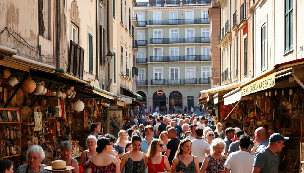A bustling open-air market in the heart of Lisbon, Santa Clara Markt is a vibrant display of Portuguese culture and craftsmanship. Stalls line the cobblestone streets, overflowing with handcrafted goods, antique treasures, and local produce. Sunlight filters through the narrow alleyways, casting a warm glow on the scene. In the foreground, clusters of shoppers browse the diverse wares, their animated conversations and laughter creating a lively atmosphere. Farther back, traditional buildings with colorful facades frame the market, their weathered walls and ornate details adding to the historic ambiance. The overall impression is one of a thriving, authentic marketplace that offers a glimpse into the heart of Lisbon's local community.