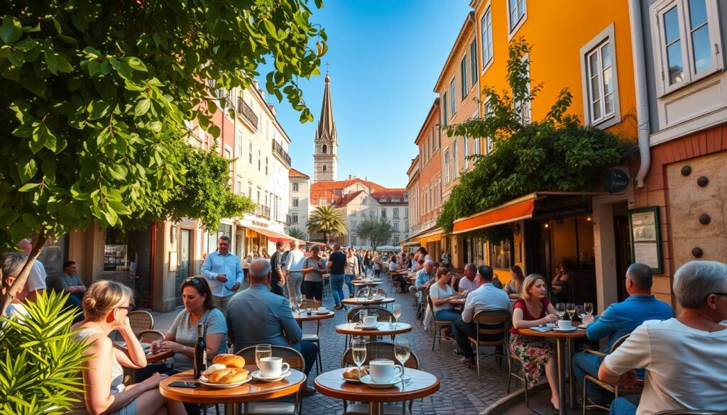 A bustling outdoor cafe in the heart of Lisbon, its tables spilling out onto a charming cobblestone square. The scene is bathed in warm, golden afternoon light, casting a cozy glow over the colorful buildings and lush, verdant foliage that frame the scene. In the foreground, patrons enjoy a selection of local delicacies - freshly baked pastries, fragrant espresso, and perhaps a glass of crisp, chilled Portuguese white wine. The middle ground is filled with the lively hum of conversation and the clatter of dishes, while in the background, a historic church spire rises majestically against a clear, azure sky. The overall atmosphere is one of relaxed, convivial charm - a quintessential taste of Lisbon's vibrant culinary and cultural landscape.