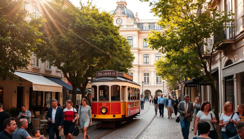 A bustling street in historic Lisbon, Portugal, lined with charming cafes, local shops, and cobblestone sidewalks. Warm sunlight filters through lush, verdant trees, casting a golden glow over the scene. In the foreground, well-dressed locals and curious tourists stroll leisurely, taking in the city's vibrant atmosphere. A vintage tram, iconic of Lisbon, winds its way through the middle ground, adding to the sense of timelessness. In the background, the ornate facade of a grand, centuries-old building stands as a testament to the city's rich architectural heritage. The overall mood is one of relaxed exploration, inviting the viewer to imagine themselves immersed in the practical, everyday delights of visiting Lisbon.