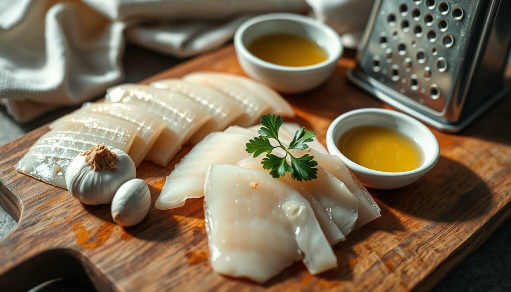 A close-up shot of a wooden cutting board with various ingredients and kitchen tools for preparing Stockfisch, a dried and salted cod. On the board, neatly arranged, are slices of rehydrated Stockfisch, a garlic clove, a sprig of fresh parsley, and a small bowl of olive oil. In the background, a linen towel and a vintage metal grater add a rustic, homey feel. The lighting is soft and natural, casting gentle shadows and highlighting the textures of the ingredients. The overall mood is one of culinary expertise and attention to detail, inviting the viewer to discover the art of properly preparing this traditional fish dish.