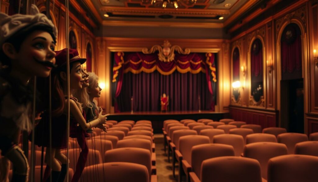 A cozy, intimate puppet theater interior with warm lighting and a welcoming atmosphere. The foreground features a display of beautifully crafted marionettes, each with intricate details and expressive faces, inviting visitors to marvel at the artistry. The middle ground showcases rows of plush, comfortable seating, hinting at the immersive theater experience to come. In the background, a ornate stage curtain adds a touch of traditional elegance, while subtle shadows and highlights create a sense of depth and drama. The overall scene conveys a sense of wonder and anticipation, perfectly capturing the essence of a visit to the Museu da Marioneta.
