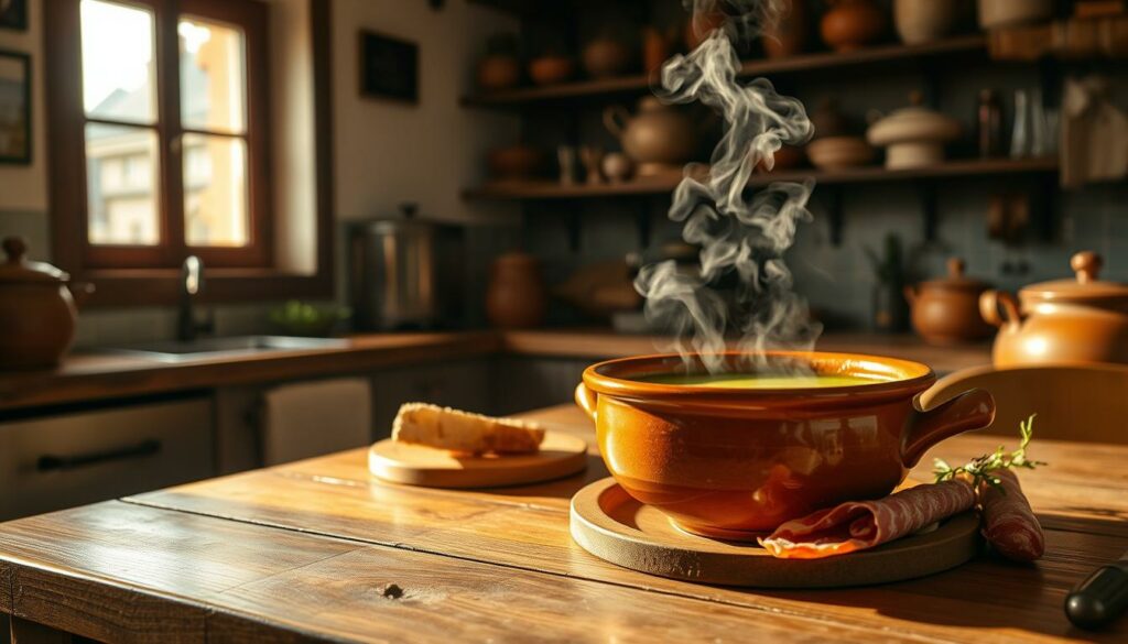 A cozy kitchen interior with a wooden table in the foreground, set with a traditional Portuguese earthenware bowl filled with a steaming, vibrant green caldo verde soup. Wisps of fragrant steam rise from the bowl, enticing the senses. Soft, directional lighting from a window casts warm, golden tones across the scene, highlighting the rich textures of the ceramic, wooden surfaces, and fresh ingredients arranged alongside the soup - crusty bread, cured meats, and a drizzle of olive oil. The background features shelves lined with rustic clay pots, copper cookware, and other hallmarks of a well-stocked Portuguese kitchen. The overall mood is one of homely, rustic comfort and the proud presentation of a beloved regional dish.