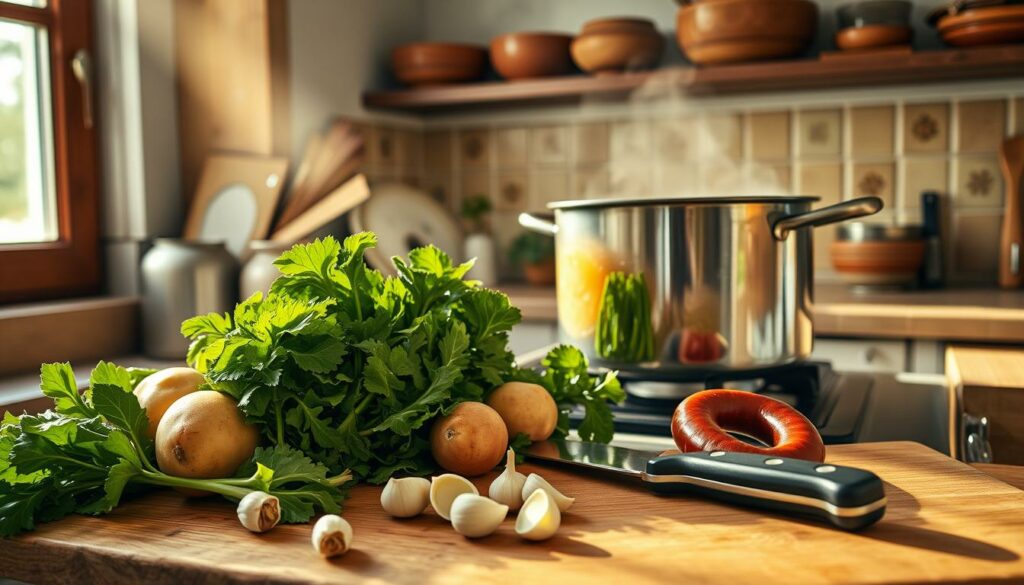 A cozy kitchen scene, with sunlight streaming through a window, illuminating a large pot simmering on the stove. In the foreground, fresh greens, potatoes, and chouriço sausage are carefully arranged, ready to be added to the broth. The middle ground features a wooden cutting board, a sharp knife, and a handful of garlic cloves, hinting at the preparation process. In the background, a rustic tile backsplash and a few shelves holding earthenware bowls and utensils, creating a traditional Portuguese atmosphere. The overall mood is one of homely comfort and the anticipation of a hearty, nourishing meal.