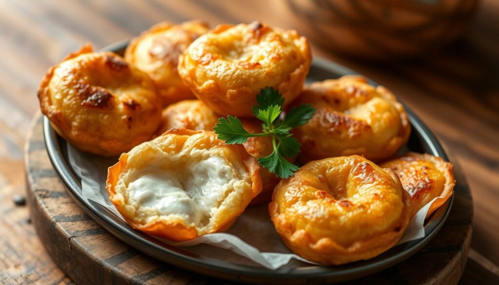 A delectable platter of golden-brown Pasteis de Bacalhau, or Kabeljaubällchen, rests upon a rustic wooden surface. The savory cod fritters are crisp on the outside, revealing a fluffy, salty interior, glistening with a light sheen. Garnished with a sprig of fresh parsley, the petiscos invite a tantalizing culinary exploration. Soft, diffused lighting casts warm tones, highlighting the intricate texture and inviting aroma of these beloved Portuguese delicacies. The image captures the essence of a traditional, yet elevated, gastronomic experience, reflecting the rich cultural heritage and diverse flavors that define the petiscos tradition. A delectable platter of golden-brown Pasteis de Bacalhau, or Kabeljaubällchen, rests upon a rustic wooden surface. The savory cod fritters are crisp on the outside, revealing a fluffy, salty interior, glistening with a light sheen. Garnished with a sprig of fresh parsley, the petiscos invite a tantalizing culinary exploration. Soft, diffused lighting casts warm tones, highlighting the intricate texture and inviting aroma of these beloved Portuguese delicacies. The image captures the essence of a traditional, yet elevated, gastronomic experience, reflecting the rich cultural heritage and diverse flavors that define the petiscos tradition.