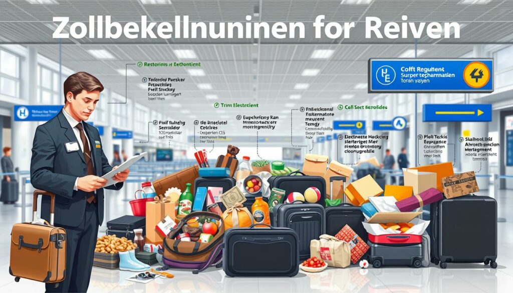 A detailed illustration of "Zollbestimmungen für Reisen" showcasing various customs regulations and procedures. The foreground depicts a customs officer in a professional uniform examining travel documents and luggage. The middle ground features a diverse array of items like electronics, food, and luxury goods, highlighting the types of items subject to import duties and restrictions. The background showcases an airport terminal or border crossing setting, with signage and architectural elements that convey an official, administrative atmosphere. The lighting is natural and evenly distributed, creating a sense of clarity and transparency. The overall mood is one of diligence, order, and the practical realities of international travel.