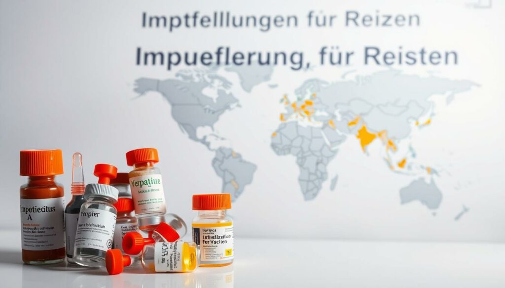 A detailed, informative poster depicting "Impfempfehlungen für Reisen". In the foreground, a collage of essential travel vaccines such as hepatitis A, typhoid, and yellow fever, arranged neatly against a clean, minimalist background. The middle ground showcases a world map, with regions highlighted to indicate recommended immunizations for specific destinations. The background features a subtle, muted gradient, conveying a sense of authority and professionalism. Soft, directional lighting illuminates the poster, creating depth and highlighting the key elements. The overall mood is one of informative guidance, catering to the needs of health-conscious travelers.