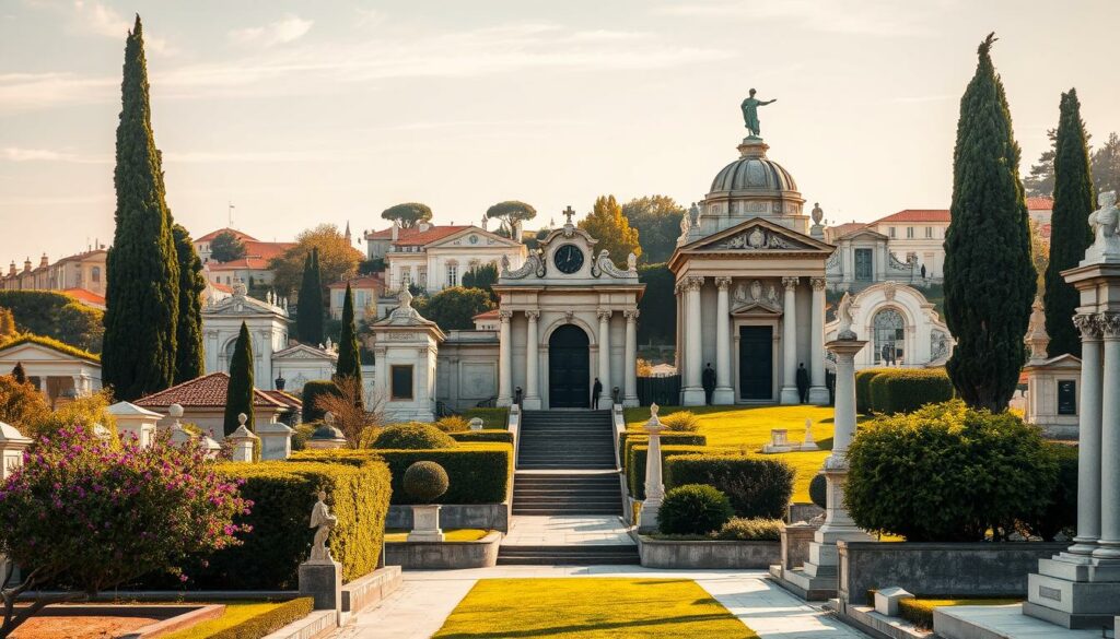 A grand and ornate cemetery nestled in the heart of Lisbon, the Cemitério dos Prazeres is a serene sanctuary for the city's most illustrious residents. Capture the stately monuments and intricate mausoleums that dot the lush, rolling hills, their elegant facades bathed in warm, golden light. Explore the peaceful pathways that wind through the tranquil grounds, flanked by towering cypress trees and blooming jacaranda. Zoom in on the ornate, baroque-inspired architectural details that adorn the famous tombs, their intricate carvings and sculptures a testament to the wealth and status of those who rest within. Finally, step back to reveal the sweeping panorama of this hallowed necropolis, a hauntingly beautiful testament to Lisbon's storied past.
