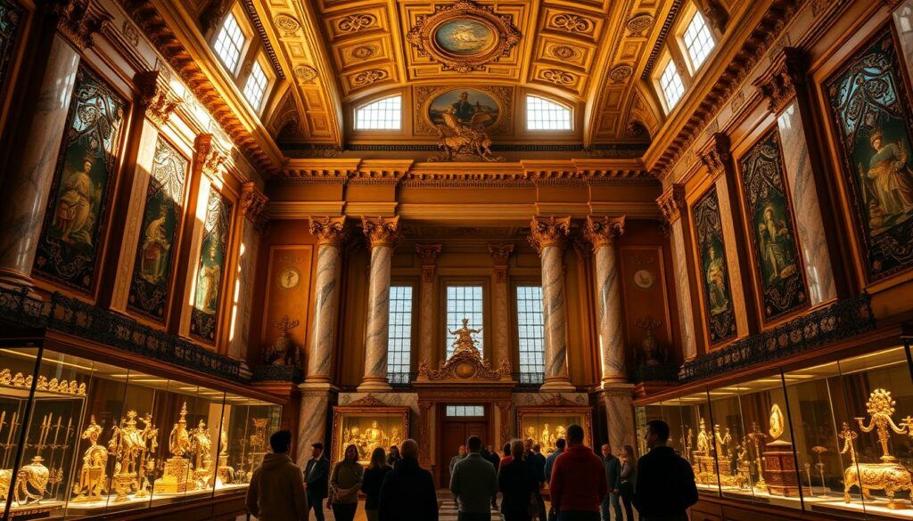 A grand, ornate interior of the Königliche Schatzkammer Lissabon, the Royal Treasury in Lisbon, Portugal. The room is bathed in warm, golden light from large windows, illuminating the intricate architectural details and the glimmering display of priceless artifacts and treasures. Elaborate stucco ceilings, gilded moldings, and towering marble columns create a majestic, awe-inspiring atmosphere. In the foreground, a group of visitors stand in reverent silence, marveling at the wealth and opulence of the Portuguese royal family's collection. The middle ground features glass display cases filled with dazzling jewels, ceremonial swords, and ornate religious objects. In the background, the grand, ornate facade of the building can be seen through the windows, framing the scene.