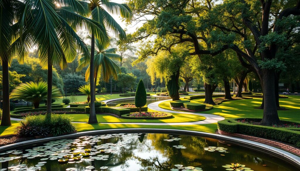 A lush, verdant park with winding paths and manicured gardens. In the foreground, a tranquil pond reflects the surrounding foliage, its surface dotted with water lilies. Tall, elegant palm trees sway gently in the warm breeze, casting soft shadows across the scene. In the middle ground, carefully pruned hedges and vibrant flowerbeds line the walkways, inviting visitors to explore. The background is framed by towering trees, their branches creating a natural canopy that filters the golden sunlight, imbuing the entire space with a serene, peaceful atmosphere. The overall impression is one of a well-maintained, visually stunning public garden, perfect for a leisurely stroll or quiet contemplation.