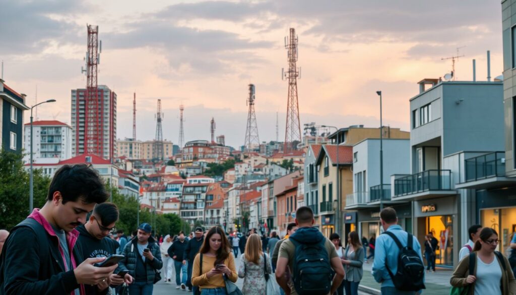 A modern urban cityscape in Portugal, showcasing a vibrant street scene with people going about their daily lives. In the foreground, a group of individuals are using their smartphones, highlighting the prevalent mobile device usage. The middle ground features several telecommunication towers and cell sites, symbolizing the widespread mobile network infrastructure. In the background, a mix of high-rise buildings, residential homes, and commercial establishments create a bustling metropolitan atmosphere. The lighting is a combination of natural daylight and warm, inviting artificial illumination, capturing the essence of a thriving Portuguese city. The overall mood is one of connectivity, technology, and the everyday experiences of Portugal's mobile-savvy population.