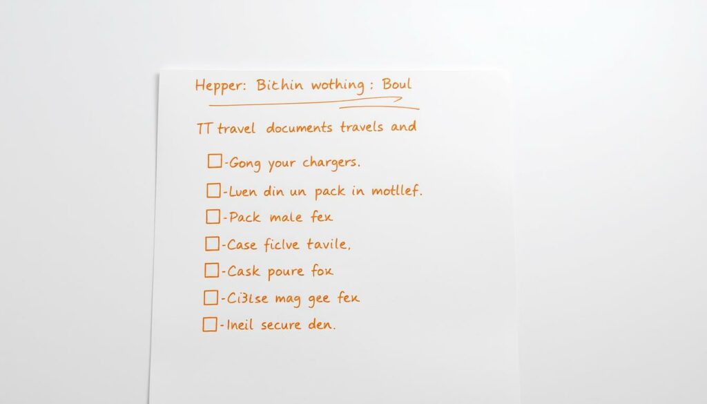 A neatly organized checklist against a clean, minimalist background. The checklist items are handwritten in a warm, cursive font, giving the image a personal, thoughtful feel. Soft, diffused lighting illuminates the scene, creating a sense of calm and focus. The checklist covers essential last-minute travel preparations, such as packing chargers, medications, and travel documents. The overall composition and style convey a sense of preparedness and attention to detail, perfectly suited for the "Last-Minute-Check vor der Abreise" section.