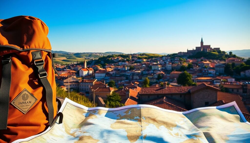 A picturesque Portuguese landscape, bathed in warm, golden light. In the foreground, a traveler's backpack and a map unfurled, hinting at the adventures to come. The middle ground features a charming town with cobblestone streets and terracotta-roofed buildings, nestled among rolling hills. In the background, the majestic silhouette of a medieval castle or monastery rises against a cloudless azure sky. The scene exudes a sense of tranquility and the promise of practical, yet enriching travel experiences.