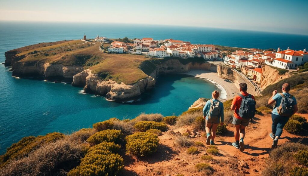 A picturesque coastal scene in the Algarve region of Portugal. In the foreground, a group of hikers with backpacks and sturdy boots traversing a winding coastal trail, overlooking the azure waters and rugged cliffs. The middle ground features lush, verdant vegetation dotting the landscape, while the background showcases the iconic whitewashed buildings and terracotta roofs of a charming Algarvian town, bathed in warm, golden-hour sunlight. The composition captures the spirit of outdoor adventure and exploration, with a sense of tranquility and natural beauty. Shot with a wide-angle lens to emphasize the expansive, cinematic feel of the scene.