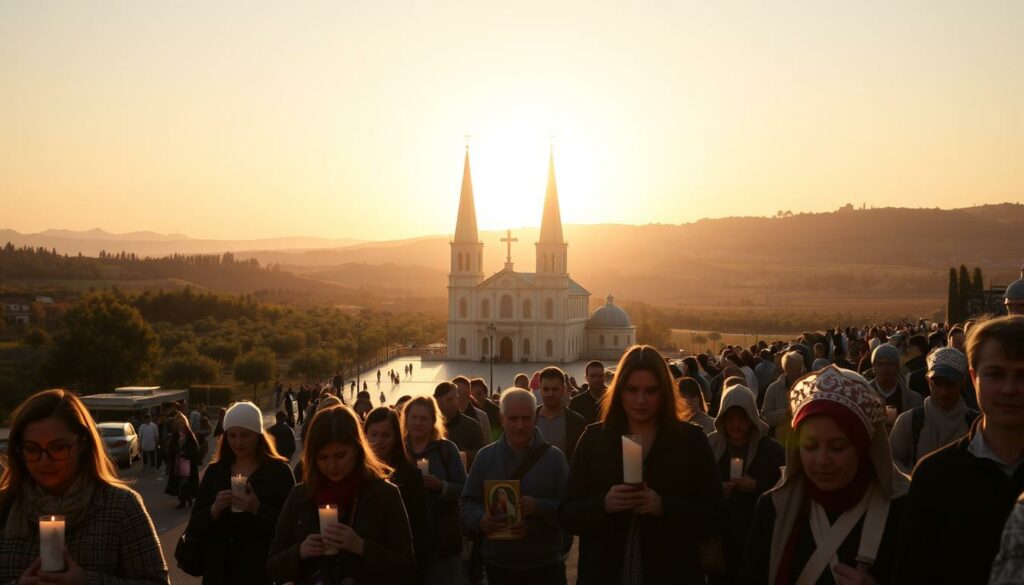 A pilgrimage to the Shrine of Fátima, Portugal, under a golden sunset sky. In the foreground, a procession of devotees carrying candles and religious icons, their faces serene and focused. The middle ground reveals the iconic twin spires of the Basilica, casting long shadows across the plaza. In the distance, the rolling hills and olive groves of the Portuguese countryside provide a tranquil backdrop. Soft, warm lighting illuminates the scene, creating a sense of reverence and spiritual connection. The composition captures the essence of a meaningful pilgrimage, inviting the viewer to experience the devotion and serenity of this sacred place.