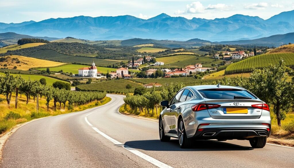 A scenic countryside road in the heart of Portugal, winding through lush, rolling hills dotted with vineyards and olive groves. In the foreground, a sleek, modern rental car stands ready, its gleaming exterior reflecting the warm Mediterranean sun. The middle ground reveals picturesque villages with whitewashed buildings and terracotta roofs, while the distant horizon is framed by majestic mountains. The image conveys a sense of freedom and adventure, perfectly capturing the essence of exploring Portugal's stunning landscapes by car.