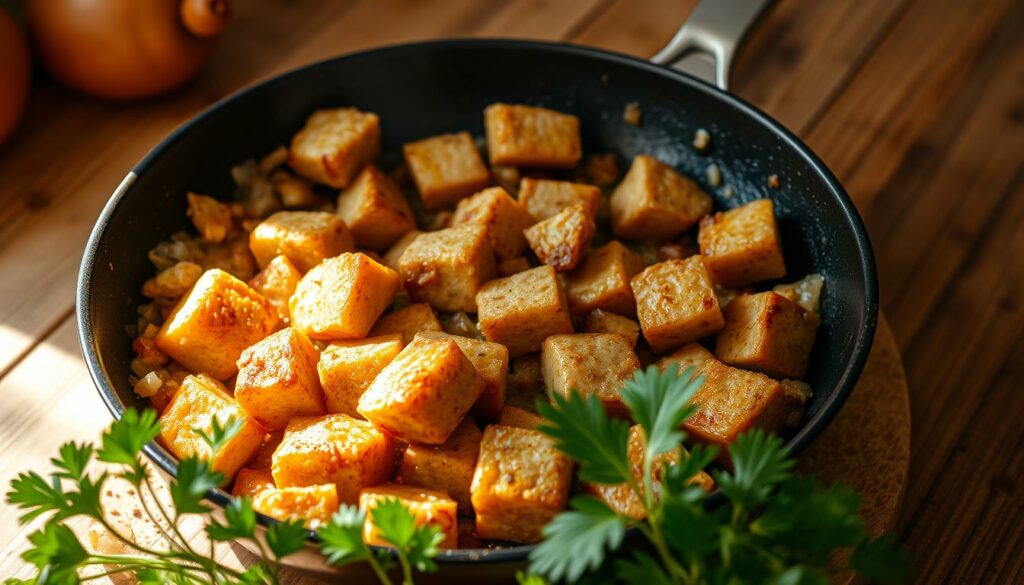 A sizzling pan filled with golden-brown pork cubes, their edges crisped to perfection. Surrounded by a fragrant mixture of sautéed onions, garlic, and aromatic spices, casting a warm, inviting glow. In the foreground, fresh parsley sprigs add a touch of vibrant greenery, while in the background, a rustic wooden table sets the scene for this classic Portuguese dish, Carne de porco com amêijoas. Soft, natural lighting illuminates the scene, highlighting the rich textures and mouthwatering details. The overall mood is one of homely comfort and authentic, regional cuisine.