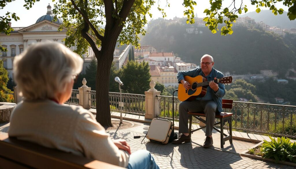 A street musician busking on the miradouro (scenic viewpoint) of Senhora do Monte in Lisbon, Portugal. In the foreground, a local elderly woman sits on a bench, watching the performance with a warm, contented expression. The musician, guitar in hand, is framed by the historic architecture and lush greenery of the hillside setting. Dappled sunlight filters through the leaves, casting a golden glow over the tranquil scene. The mood is one of quiet delight, as the musician's soulful melodies blend with the peaceful ambiance of this hidden gem, a secret treasure for those who venture off the beaten path.