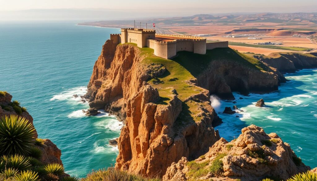 A stunning vista of the Fortaleza de Sagres, a historic fortress perched atop the rugged Klippen cliffs of the Algarve region in Portugal. The imposing stone walls and towers are bathed in warm, golden sunlight, casting dramatic shadows across the craggy landscape. In the foreground, a sweeping vista of the Atlantic Ocean unfolds, its turquoise waters crashing against the jagged, windswept rocks below. The mid-ground features lush, verdant vegetation clinging to the cliff edges, while the background is dominated by the hazy, rolling hills of the Algarve's iconic countryside. The scene conveys a sense of ancient grandeur, rugged natural beauty, and the timeless power of the elements. Captured with a wide-angle lens to showcase the full scale and majesty of this stunning natural and historic landmark.