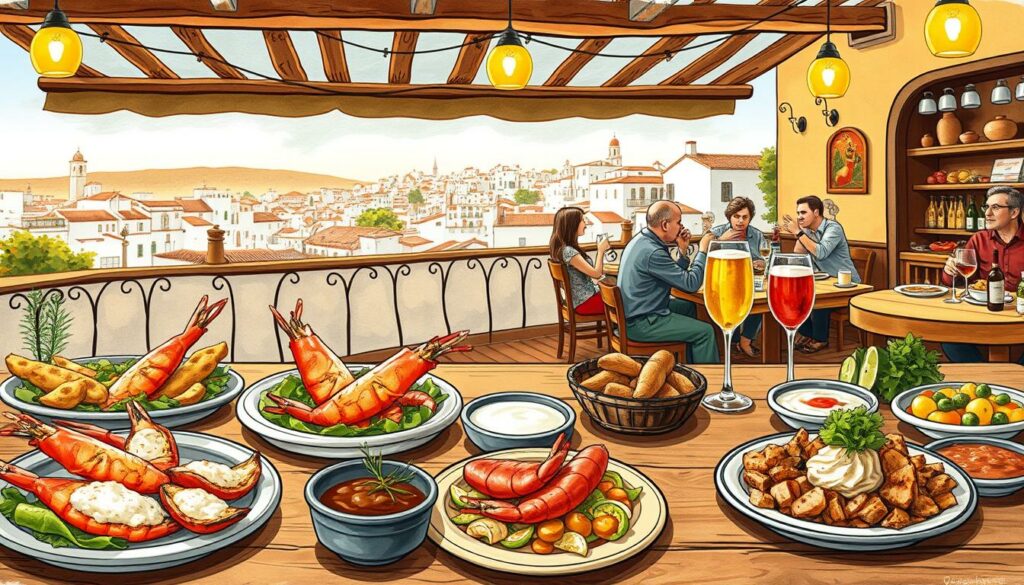 A stylized illustration showcasing a thoughtful comparison of tapas and petiscos. In the foreground, an artful arrangement of various small plates, each brimming with delectable morsels - sizzling prawns, cured meats, vibrant vegetable dishes, and tantalizing dips. The middle ground features a warm, cozy tavern scene, with patrons gathered around wooden tables, glasses raised in lively conversation. In the background, a panoramic vista of a sun-drenched Iberian town, its whitewashed buildings and cobblestone streets evoking the rich cultural heritage shared by these beloved culinary traditions. The lighting is soft and inviting, casting a golden glow that heightens the sense of conviviality and shared enjoyment. Rendered in a sophisticated, hand-painted style that captures the essence of these small-plate specialties and the spirit of the regions that have nurtured them. A stylized illustration showcasing a thoughtful comparison of tapas and petiscos. In the foreground, an artful arrangement of various small plates, each brimming with delectable morsels - sizzling prawns, cured meats, vibrant vegetable dishes, and tantalizing dips. The middle ground features a warm, cozy tavern scene, with patrons gathered around wooden tables, glasses raised in lively conversation. In the background, a panoramic vista of a sun-drenched Iberian town, its whitewashed buildings and cobblestone streets evoking the rich cultural heritage shared by these beloved culinary traditions. The lighting is soft and inviting, casting a golden glow that heightens the sense of conviviality and shared enjoyment. Rendered in a sophisticated, hand-painted style that captures the essence of these small-plate specialties and the spirit of the regions that have nurtured them.