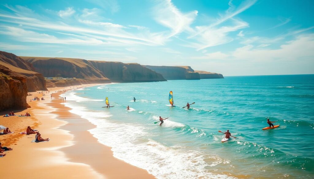 A sun-drenched beach along the Praia da Falesia coastline, with turquoise waves gently lapping the golden sand. In the foreground, a group of people engaged in various water sports, their silhouettes cutting through the shimmering surface as they windsurf, kayak, and paddleboard. The middle ground features families and friends relaxing on colorful beach towels, soaking up the warm, Mediterranean-like atmosphere. In the background, rugged cliffs rise up, their ochre hues contrasting with the azure sky dotted with wispy clouds. Soft, diffused lighting filters through, creating a serene and tranquil ambiance, inviting visitors to unwind and immerse themselves in the natural beauty of this idyllic coastal haven.