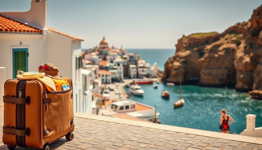 A sun-drenched coastal town nestled along the Algarve's picturesque cliffs, Carvoeiro exudes a warm, inviting atmosphere. In the foreground, a meticulously packed travel bag stands ready, its contents a harmonious blend of beach essentials and cultural exploration gear. The middle ground showcases the charming whitewashed buildings, their tiled roofs and cobblestone streets evoking the quintessential Portuguese aesthetic. In the background, the azure ocean stretches out, dotted with fishing boats and framed by rugged, ochre-hued cliffs. The lighting is soft and natural, casting a golden glow over the scene and evoking a sense of relaxation and adventure. This picturesque setting captures the essence of Carvoeiro, where the allure of sun-drenched beaches and rich cultural heritage seamlessly intertwine.