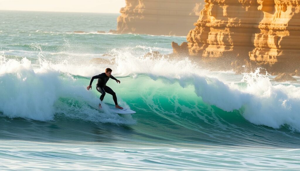 A surfer rides a powerful wave against the backdrop of the dramatic cliffs and rocky coastline of Sagres, Algarve. The crashing turquoise waters crash and foam, creating a dynamic, energetic scene. The surfer, clad in a sleek wetsuit, is captured mid-turn, their board carving through the wave with grace and skill. Warm golden sunlight filters through the scene, casting a glow on the water and highlighting the surfer's silhouette. In the distance, the rugged cliffs rise up, their layered rock formations casting dramatic shadows. This is a paradise for wave riders, where the wild Atlantic meets the picturesque Algarve landscape.