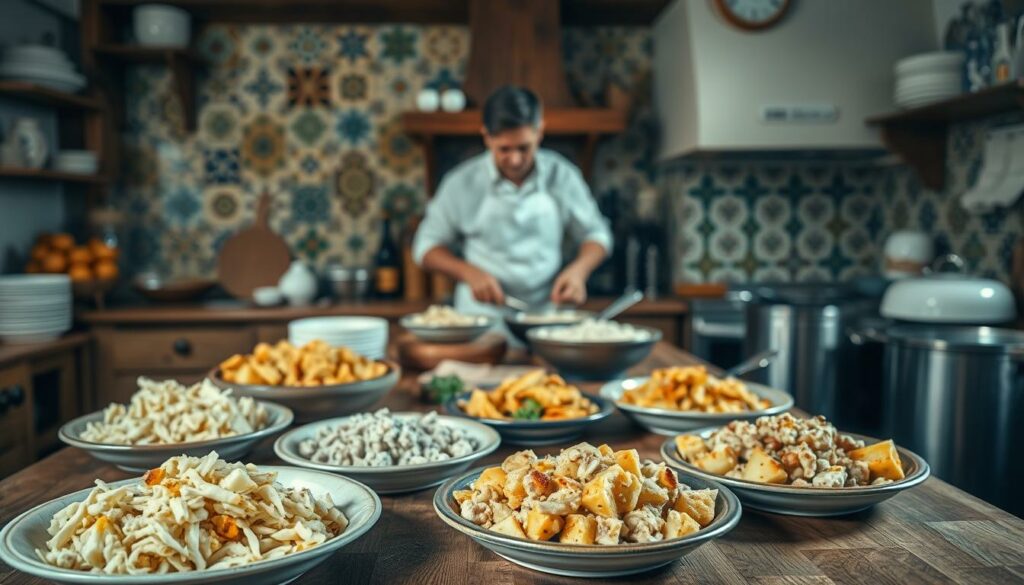 A traditional Portuguese kitchen scene, showcasing an array of "Bacalhau" (salted and dried cod) recipes. In the foreground, a wooden table displays various bacalhau dishes, such as Bacalhau à Brás (shredded cod with scrambled eggs and potatoes) and Bacalhau com Natas (cod with cream). In the middle ground, a skilled cook in a crisp, white apron carefully prepares the ingredients, surrounded by the warm, earthy tones of the kitchen. The background features a collection of traditional Portuguese tiles, adding a touch of cultural authenticity. The lighting is soft and natural, casting a welcoming glow over the scene. The overall atmosphere conveys the rich culinary heritage and comforting flavors of Portuguese bacalhau cuisine.