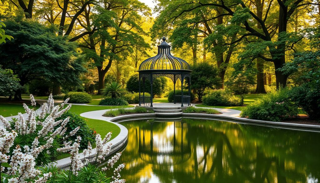 A tranquil oasis in the heart of Lisbon, Zonen im Park quinta conchas showcases lush greenery, winding paths, and charming architectural details. In the foreground, a serene pond reflects the surrounding foliage, with delicate lilacs and blossoming flowers lining the banks. The middle ground features a picturesque pavilion, its intricate ironwork casting playful shadows across the gravel walkways. In the background, towering trees create a verdant canopy, filtering warm, golden light that imbues the scene with a sense of timeless serenity. The overall atmosphere evokes a hidden gem, a tranquil oasis where visitors can escape the bustling city and immerse themselves in the quiet enchantment of this unique urban park.
