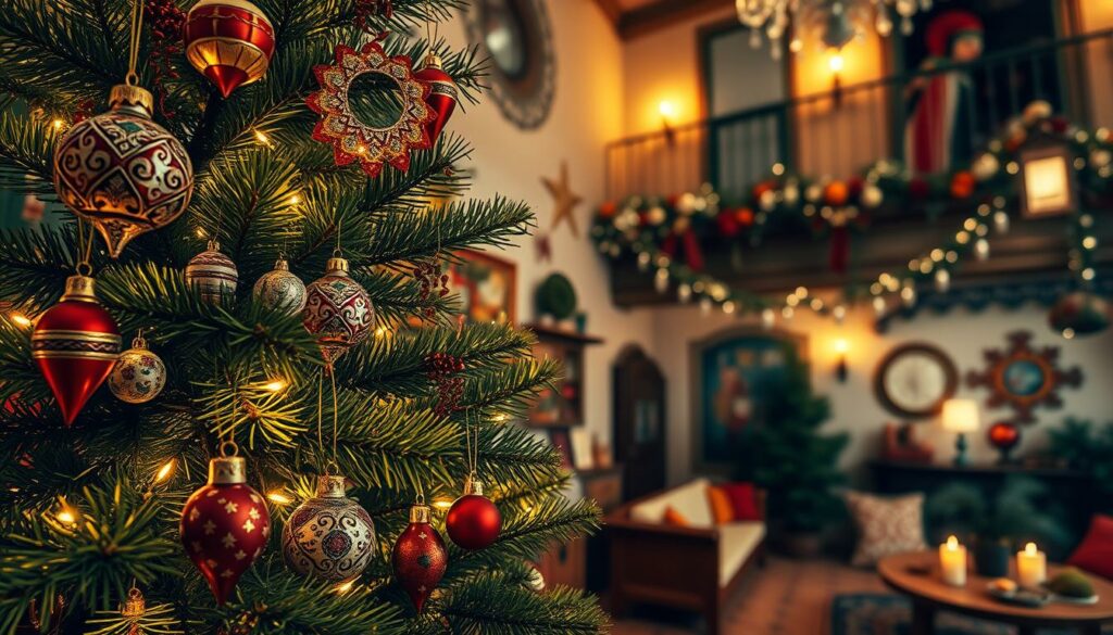 Intricate and vibrant Portuguese Christmas decoration, captured in a warm, festive setting. In the foreground, delicate hand-crafted ornaments adorn a lush evergreen tree, its branches aglow with twinkling lights. The middle ground features a cozy living room, where colorful textiles, candles, and traditional folk art pieces create a cozy, inviting atmosphere. The background showcases the architectural charm of a historic Portuguese home, with terracotta tiles, wrought-iron balconies, and a starry winter sky overhead. The lighting is soft and diffused, casting a golden glow that enhances the rich, earthy tones and the sense of timeless holiday cheer.