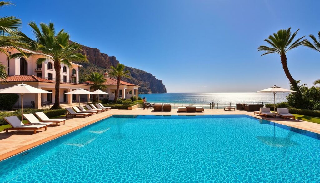 Luxurious beachfront hotel with sweeping views of the Praia da Falesia coastline. A grand, Mediterranean-style building with white stucco walls and terracotta roof tiles, surrounded by lush tropical gardens. In the foreground, a sparkling infinity pool reflecting the azure sky and glistening ocean. Elegant sun loungers and parasols line the pool deck, inviting guests to relax and soak up the warm, coastal ambiance. The middle ground features a chic outdoor lounge area with plush seating, perfect for sipping cocktails and taking in the stunning vista. In the background, the rugged, ochre-colored cliffs of the Algarve region frame the idyllic scene, creating a picturesque and serene atmosphere.