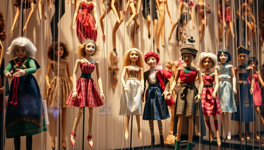 Marionettes from around the world, a captivating display at the Museu da Marioneta in Lisbon. A vibrant tapestry of intricate craftsmanship, each figure a unique work of art. Delicate wooden limbs, expertly carved and meticulously jointed, come to life through the deft manipulation of hidden strings. Ornate costumes and expressive faces transport the viewer to distant lands and bygone eras. Soft, natural lighting accentuates the textures and details, casting gentle shadows that create depth and dimension. The museum's curated collection showcases the rich cultural heritage and skilled traditions of this timeless art form, inviting visitors to marvel at the enchanting world of marionettes.