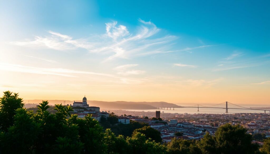 Panoramablick Miradouro Senhora Monte: A breathtaking vista overlooking the historic city of Lisbon. Perched atop a gentle hill, the viewpoint offers a sweeping panorama of the city's terracotta rooftops, the Tagus River, and the distant hills beyond. Warm, golden sunlight filters through wispy clouds, casting a soft, romantic glow across the scene. In the foreground, lush, verdant foliage frames the vista, while in the middle ground, the iconic architecture of Lisbon's neighborhoods comes into focus. The background is dominated by the city's iconic landmarks, including the Jerónimos Monastery and the striking Ponte 25 de Abril suspension bridge. This picturesque setting evokes a sense of timelessness and tranquility, inviting visitors to pause, breathe, and soak in the unparalleled beauty of Lisbon.