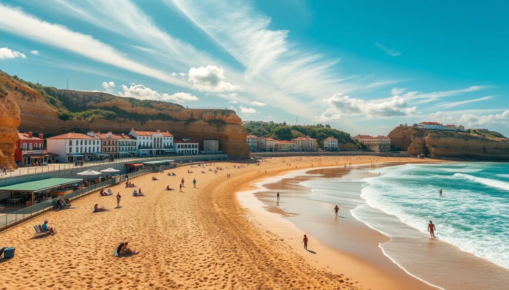 Strände in Albufeira: A Vibrant Coastal Escape Sprawling golden sands framed by rugged cliffs, lapped by the turquoise waters of the Algarve. Sunbathers lounge on plush towels, sipping chilled drinks as surfers ride the rolling waves. Quaint beachside cafes and lively bars line the promenade, their vibrant facades casting warm hues across the scene. Beams of soft, natural light filter through wispy clouds, illuminating the idyllic coastal landscape. Capture the essence of Albufeira's most picturesque beaches, a serene yet lively seaside retreat.
