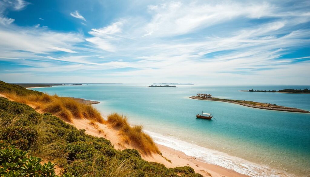 Strände in Faro: A Picturesque Coastal Escape A breathtaking panorama of Faro's pristine beaches and barrier islands. In the foreground, golden sand dunes dotted with lush vegetation gently slope towards the crystal-clear waters of the Ria Formosa lagoon. Wispy clouds drift across a vibrant azure sky, casting a warm, golden glow over the scene. In the middle ground, small wooden boats bob gently on the calm, turquoise surface, while traditional straw umbrellas dot the shoreline. Beyond, a series of narrow, tree-lined islands stretch out, creating a serene, secluded atmosphere. Capture the essence of Faro's island world - a natural paradise of soft sand, tranquil waters, and unspoiled landscapes.