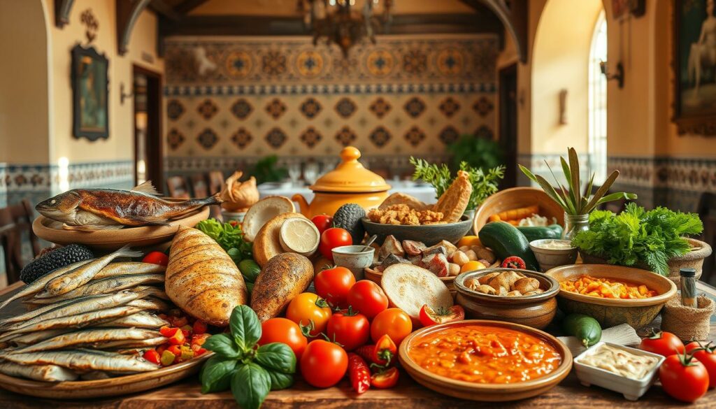 Traditionelle portugiesische Gerichte: A vibrant still life showcasing the rich culinary heritage of Portugal's Algarve region. In the foreground, an array of local delicacies - grilled sardines, succulent piri-piri chicken, creamy bacalhau (salted cod), and fragrant seafood stew. Arrayed around them, fresh regional produce - juicy tomatoes, vibrant peppers, leafy greens, and crusty bread. In the middle ground, a rustic ceramic tableware set, stained by years of use. The background features a warm, sun-dappled interior, with ornate tile work and weathered wooden beams hinting at the centuries-old traditions that inform this quintessential Portuguese culinary experience. Soft, golden lighting bathes the scene, conveying the inviting, convivial atmosphere of a Faro family meal.