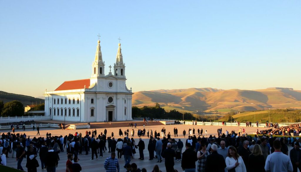 Wallfahrtsort Fátima: A serene sanctuary nestled in the heart of Portugal, bathed in warm, golden light. The iconic Basilica of Our Lady of the Rosary stands tall, its white façade and twin spires casting intricate shadows across the sprawling plaza. Pilgrims gather reverently, some kneeling, others in quiet contemplation, as the gentle breeze carries the scent of candles and incense. In the distance, the rolling hills provide a picturesque backdrop, their verdant slopes evoking a sense of tranquility and connection to the divine. A timeless spiritual haven, where faith, devotion, and the timeless traditions of Portugal converge.