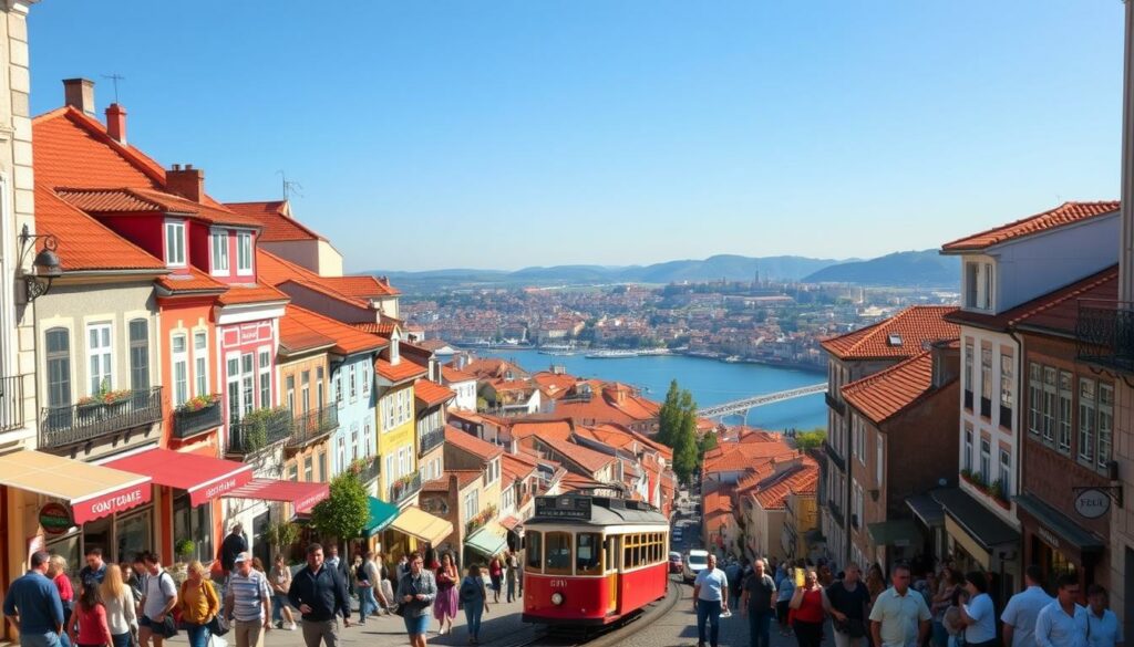 A bustling street in the historic center of Porto, Portugal on a sunny April day. In the foreground, locals and tourists stroll by colorful buildings with red-tiled roofs, lively cafe terraces, and charming shops. In the middle ground, a tram car navigates the hilly cobblestone streets, reflecting the city's iconic transportation. The background features the iconic Douro River and distant rolling hills, creating a picturesque and inviting scene. The warm, golden lighting and vibrant colors evoke the vibrant atmosphere of this vibrant city in springtime, perfect for an enjoyable vacation. A bustling street in the historic center of Porto, Portugal on a sunny April day. In the foreground, locals and tourists stroll by colorful buildings with red-tiled roofs, lively cafe terraces, and charming shops. In the middle ground, a tram car navigates the hilly cobblestone streets, reflecting the city's iconic transportation. The background features the iconic Douro River and distant rolling hills, creating a picturesque and inviting scene. The warm, golden lighting and vibrant colors evoke the vibrant atmosphere of this vibrant city in springtime, perfect for an enjoyable vacation.